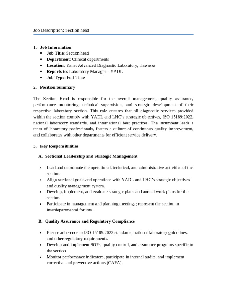 Section Head Job Description at YADL | PDF | Laboratories | Quality ...