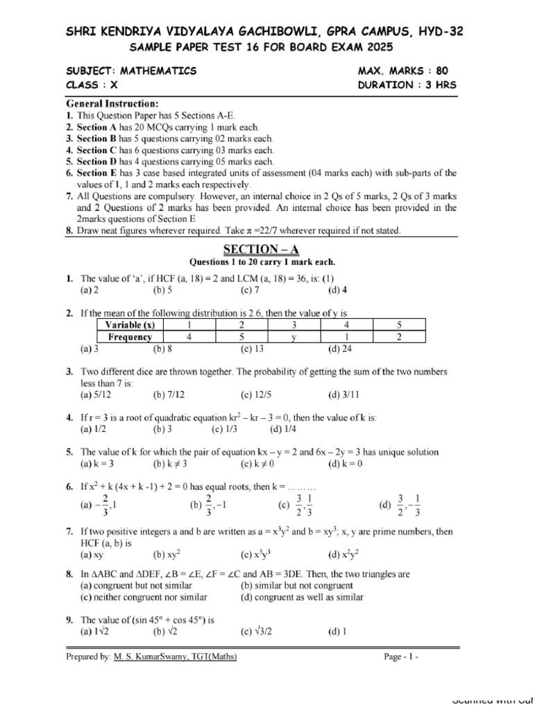 Maths Class X Sample Paper Test 16 For Board Exam 2025 QP 1 | PDF