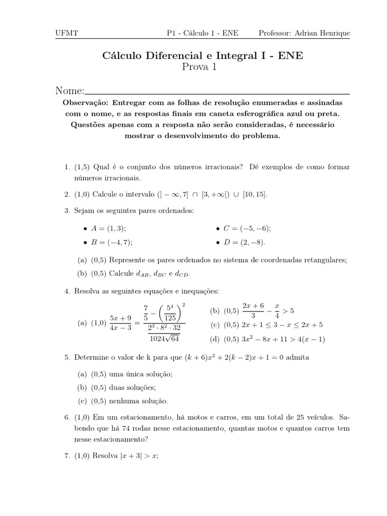 Prova 1 Cálculo 1 ENE | PDF