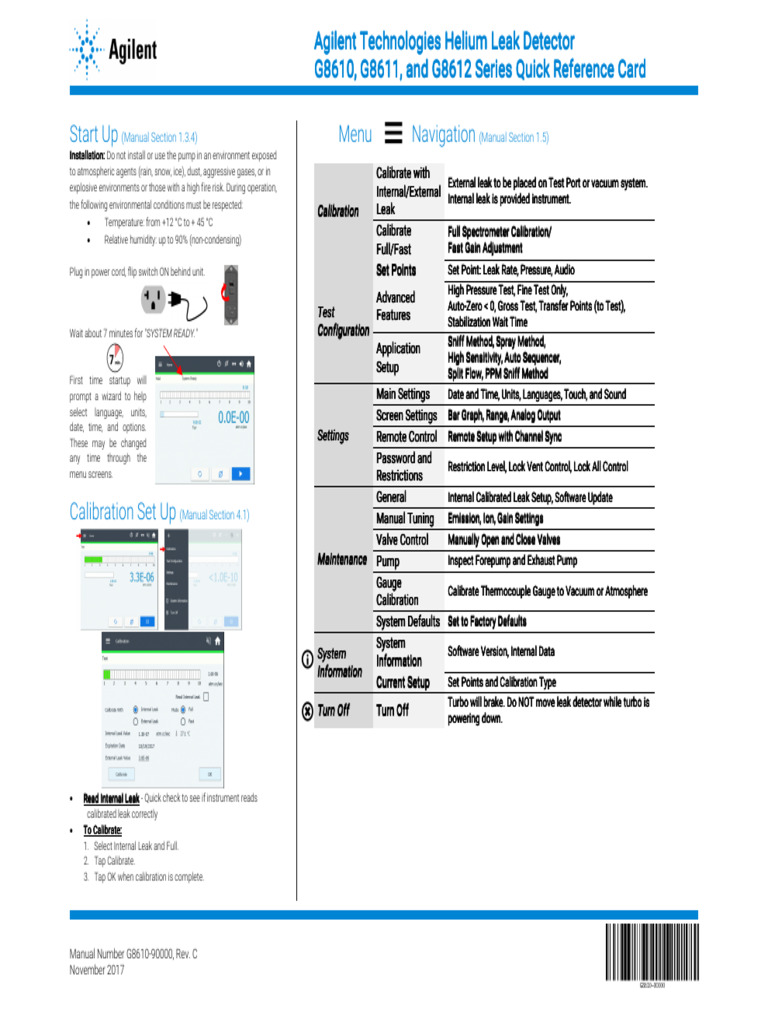 Helium Leak Detector G8610, G8611 and G8612 Series Quick Reference Card ...