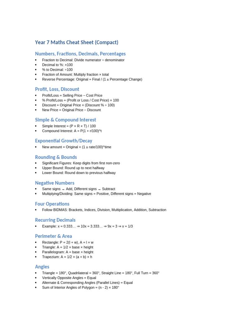 Year 7 Maths Cheat Sheet | PDF