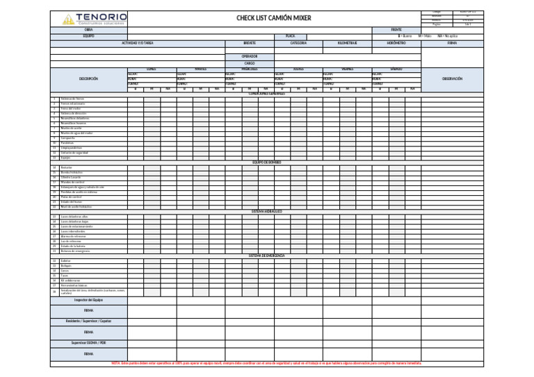 Checklist de Seguridad Camión Mixer | PDF | Vehículo de motor | Vehículos