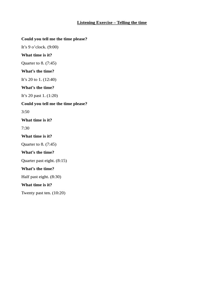 Litsening Exercise Text Telling The Time | PDF