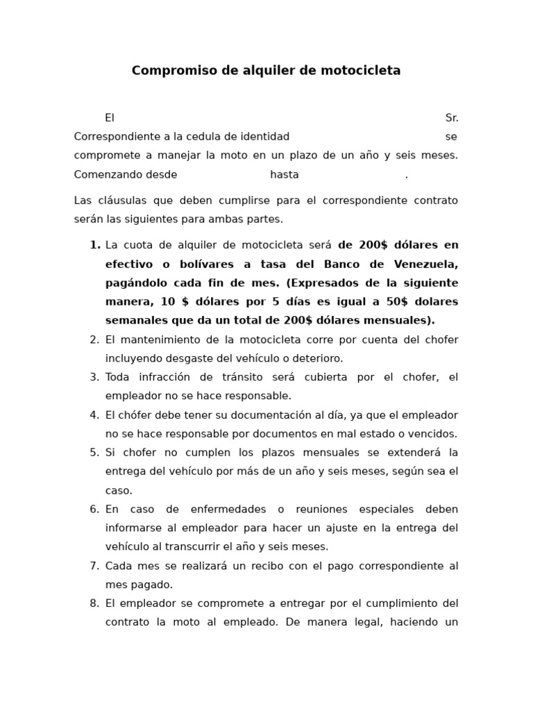 Compromiso de Alquiler de Motocicleta Joseana | PDF
