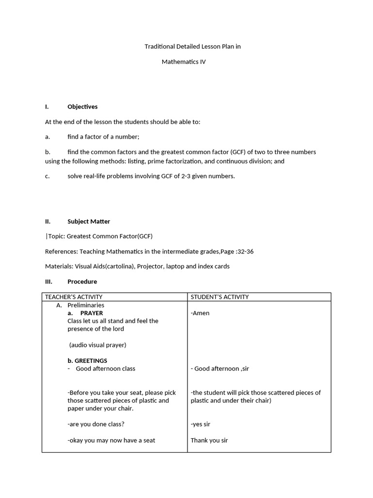Traditional Lesson Plan on GCF | PDF | Lesson Plan