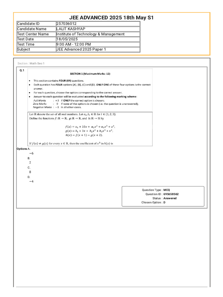 JEE Advanced 2025 Exam Details and Responses | PDF | Multiple Choice ...