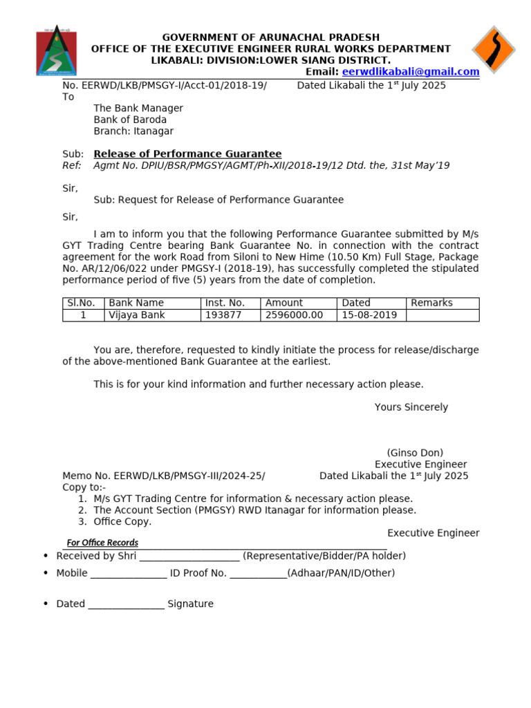 Release of Performance Guarantee Request | PDF