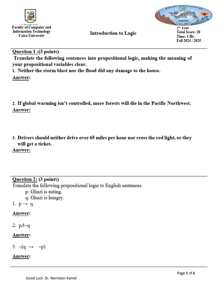 Midterm Logic Exam Questions | PDF | Mathematical Logic | Syntax (Logic)