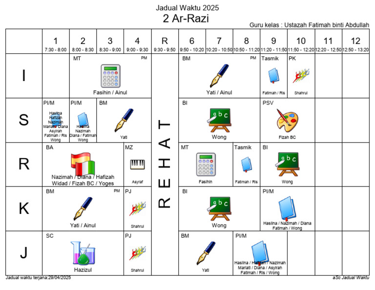 Jadual Waktu Kelas 2025 Ustazah Fatimah | PDF