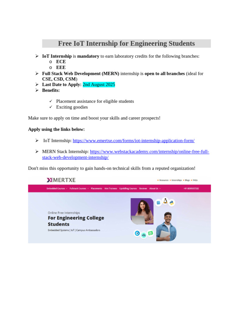 Free IoT Internship for Engineering Students | PDF