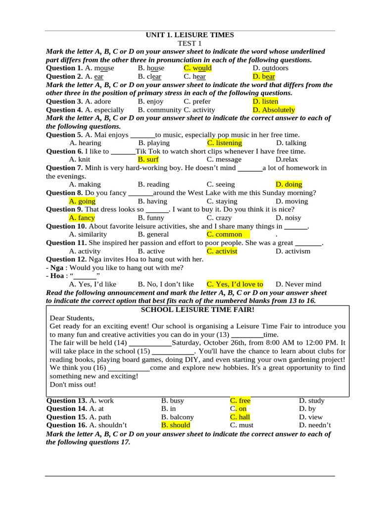 Leisure Activities and Social Skills Test | PDF | Hobbies | Shower