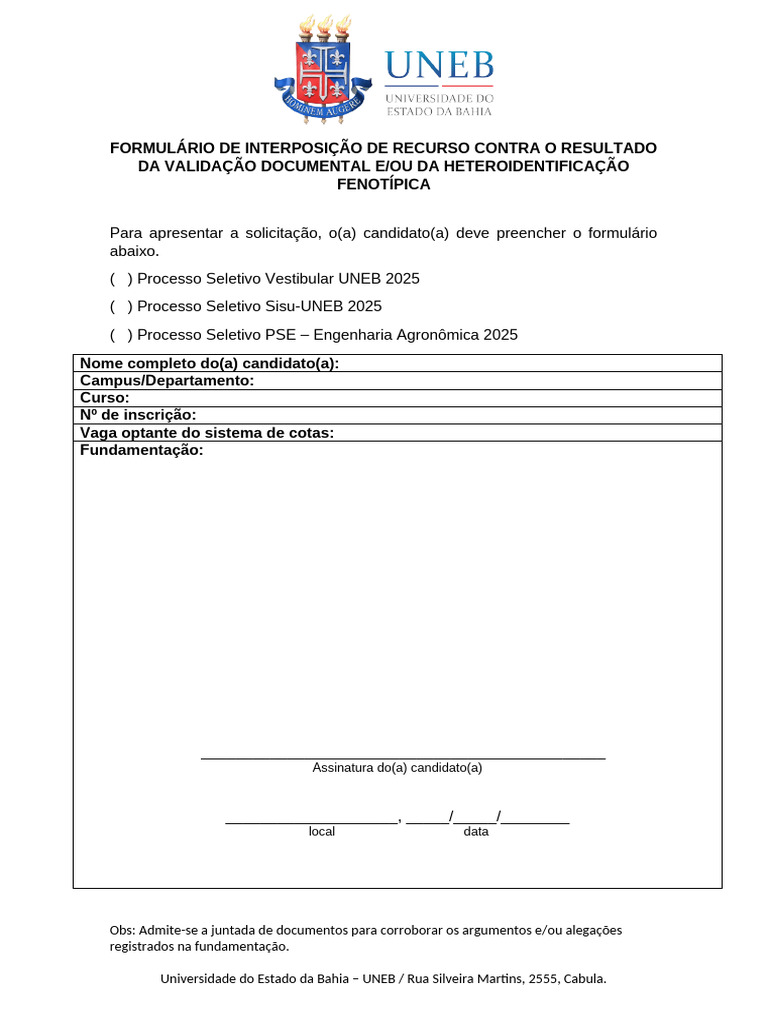 Formulário de Recurso Vestibular UNEB 2025 | PDF