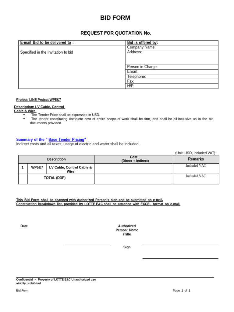 1.3. Bid Form (WP5 - 7 - LV Cable, Etc) | PDF | Telecommunications