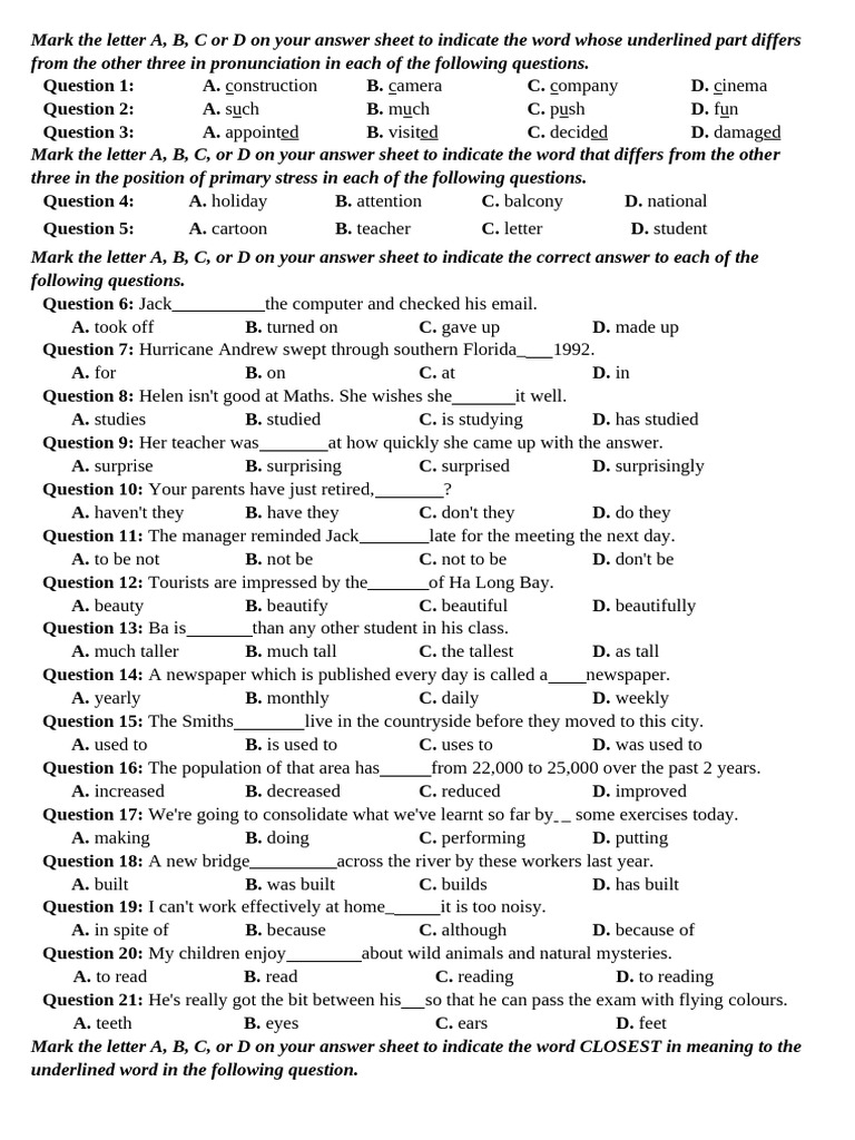 Pronunciation and Grammar Quiz Questions | PDF | Multilingualism ...