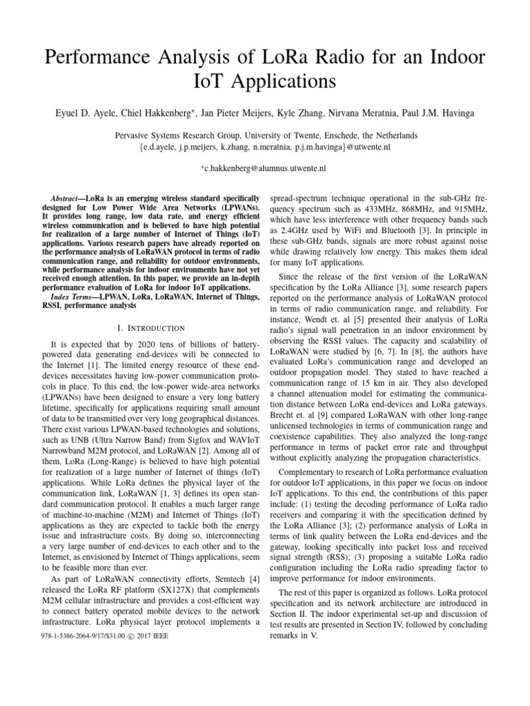 Performance Analysis of LoRa Radio For An Indoor IoT Applications | PDF ...