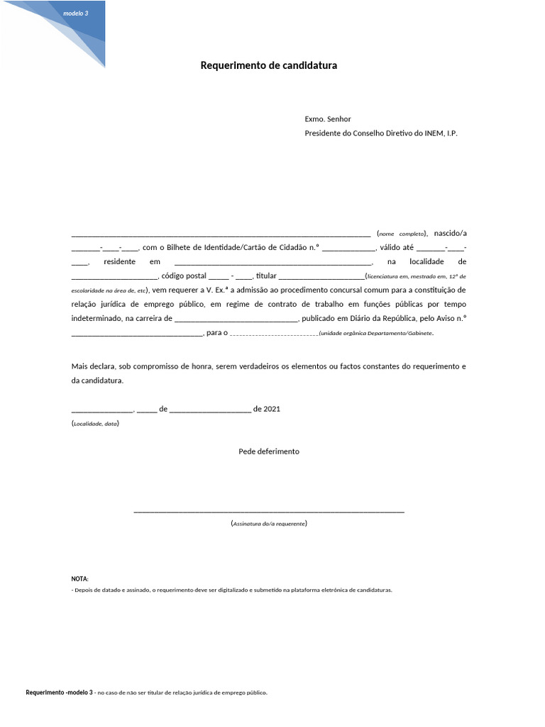 Requerimento de Candidatura INEM | PDF