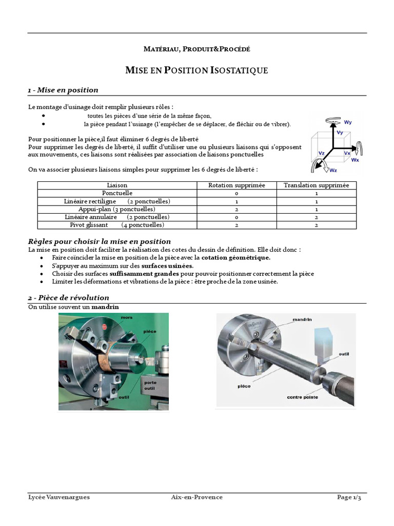 Mise en Position Isostatique en Usinage PDF Ingénierie mécanique — free download