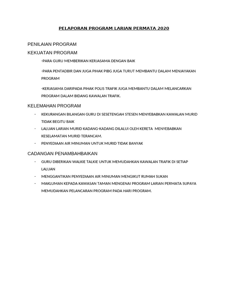 Pelaporan Program Larian Permata 2020 | PDF