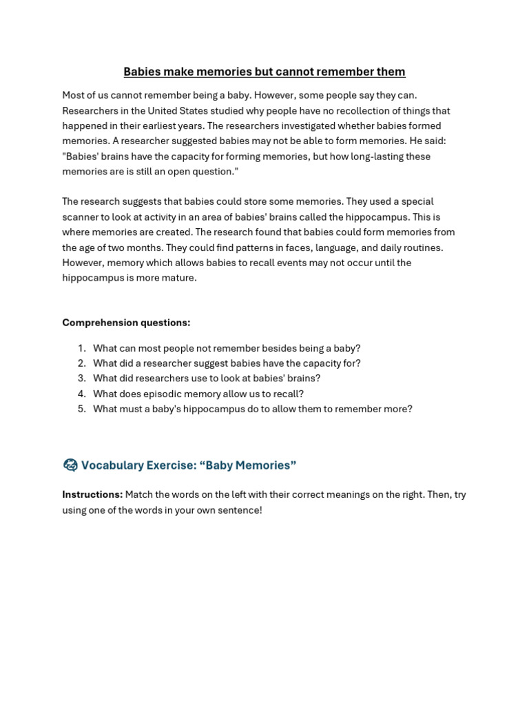 20250708Homework-Babies Make Memories But Cannot Remember Them | PDF