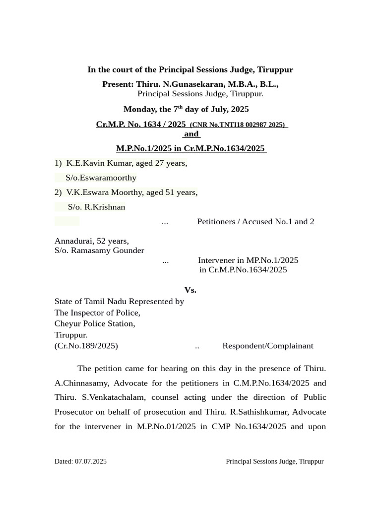Kavin Kumar Bail Application Denied | PDF | Prosecutor | Bail