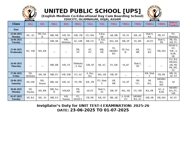 Exam Roster for Unit Test I 2025-26 | PDF