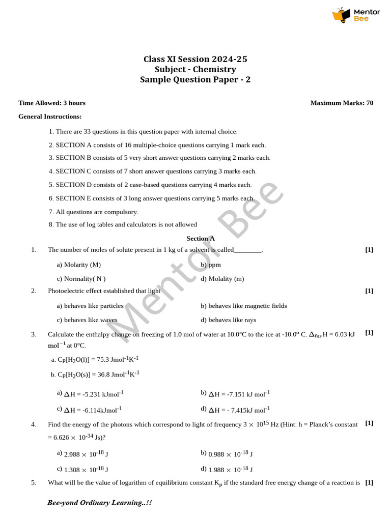 Class XI Chemistry Sample Paper 2024 | PDF | Chemical Polarity ...