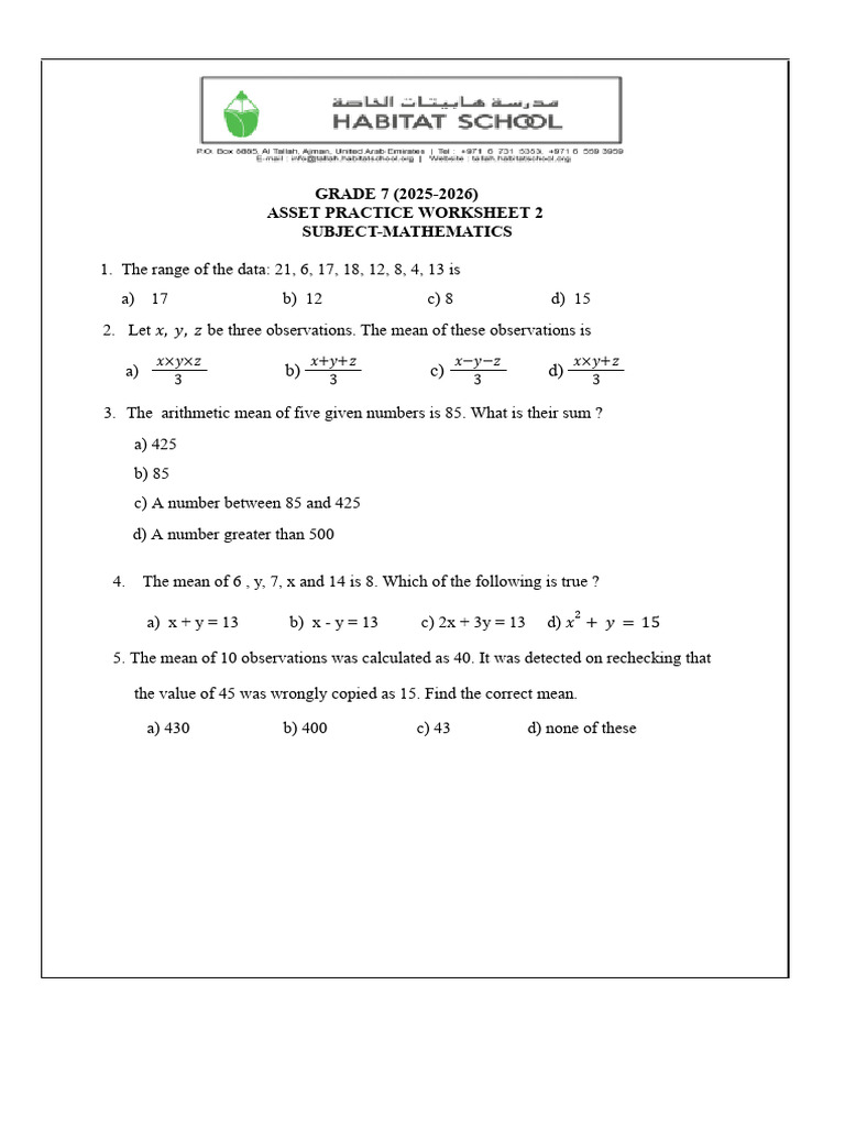 Grade 7 Math Practice Worksheet 2025-2026 | PDF