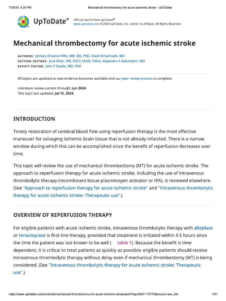 Mechanical Thrombectomy For Acute Ischemic Stroke | PDF