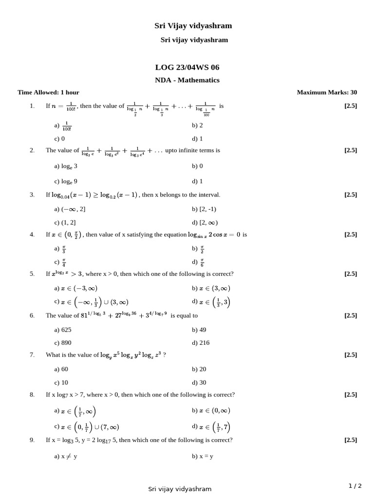 NDA Mathematics Exam Questions | PDF | Mathematics | Chess Theory