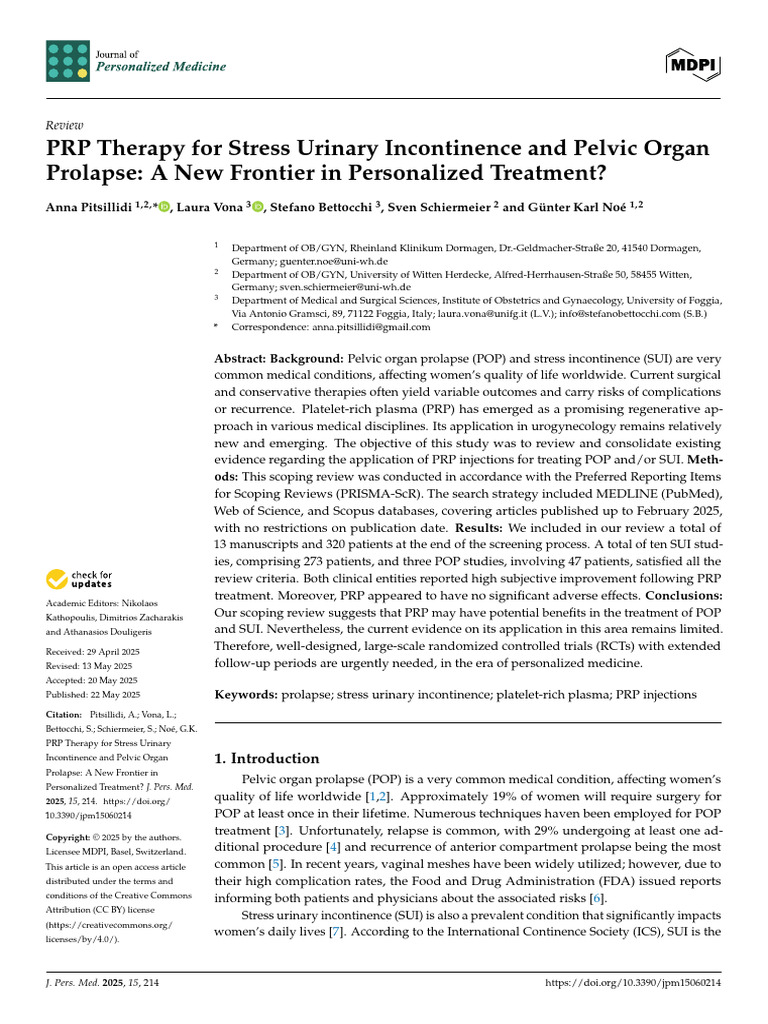PRP Therapy for Urinary Incontinence & Prolapse | PDF | Urinary ...