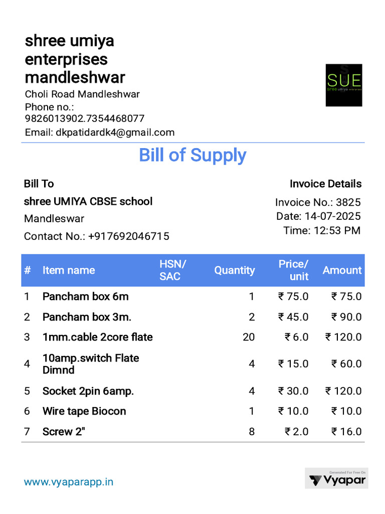 Shree UMIYA CBSE School 3825 14-07-2025 | PDF | Invoice | Payments
