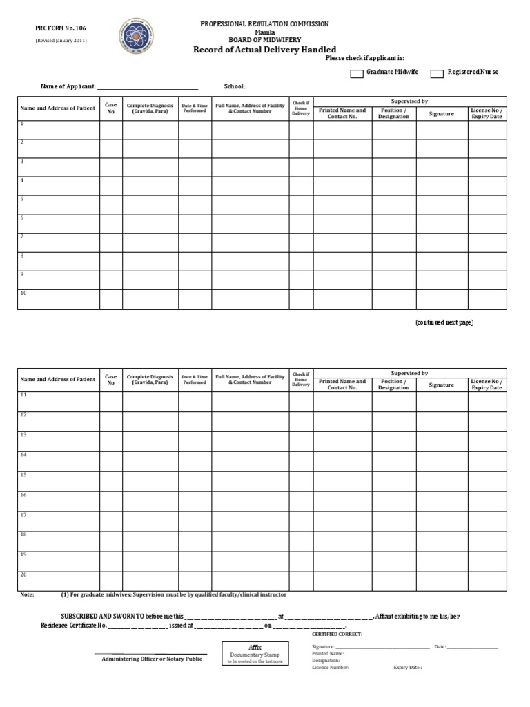 Prc Midwifery Completion Form Midwife Midwifery