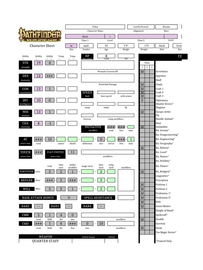 Pathfinder Monk Character Sheet | PDF | D20 System | Role Playing Games