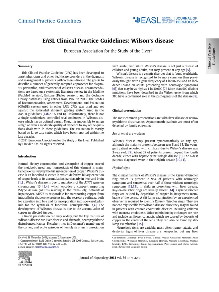 EASL Guidelines on Wilson's Disease Management | PDF | Hepatitis ...