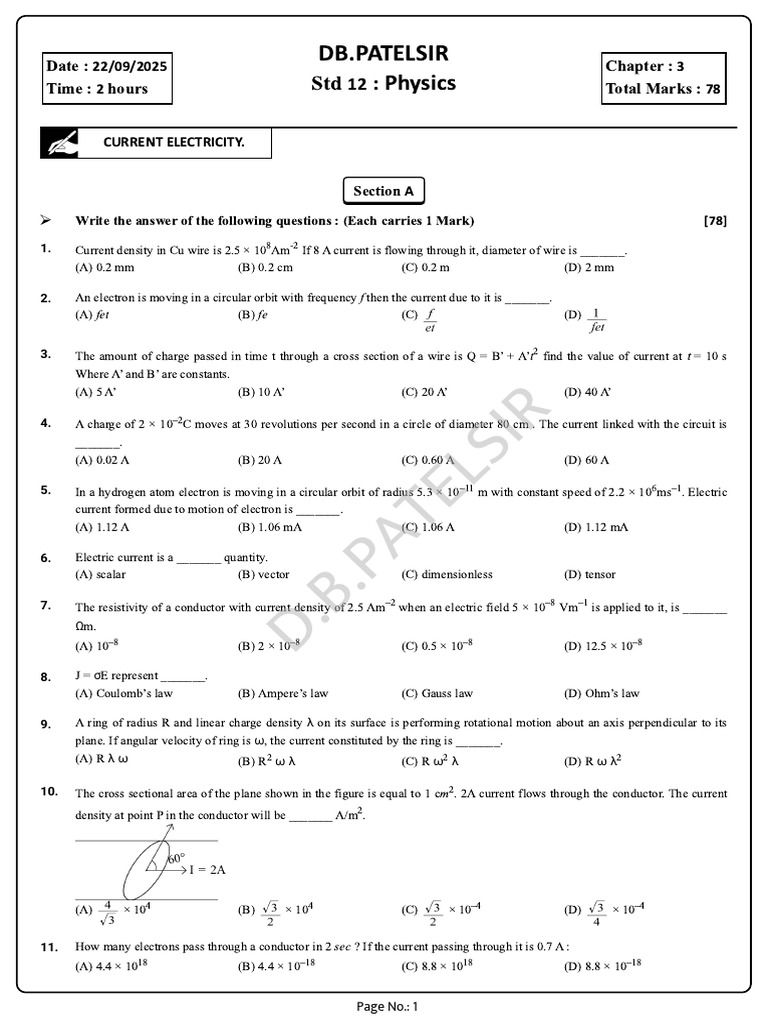 Current Electricity Questions for Std 12 | PDF | Series And Parallel ...