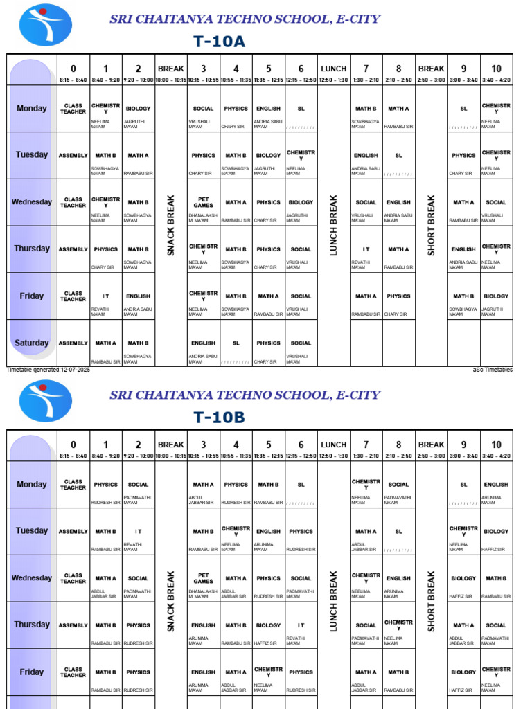 School Timetable for Sri Chaitanya | PDF | Physical Sciences | Natural ...
