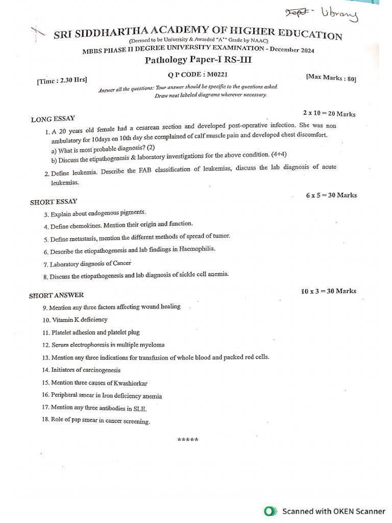 Pathology Paper - I & II (II Year-2024) | PDF