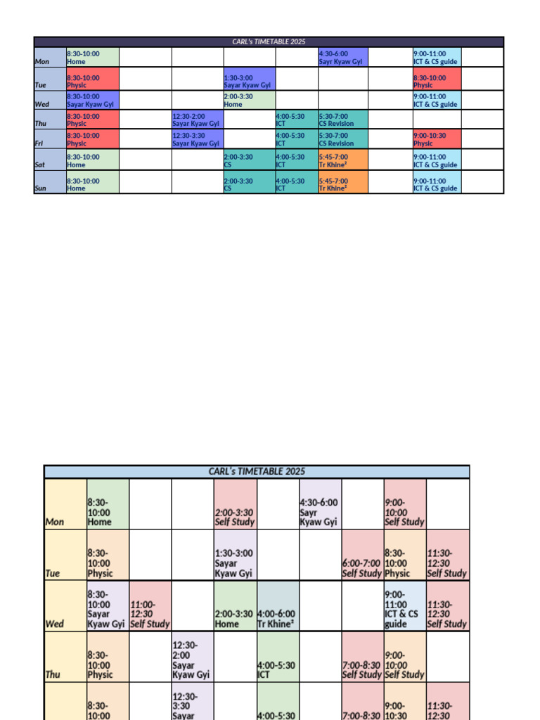 Carl's 2025 Weekly Timetable | PDF