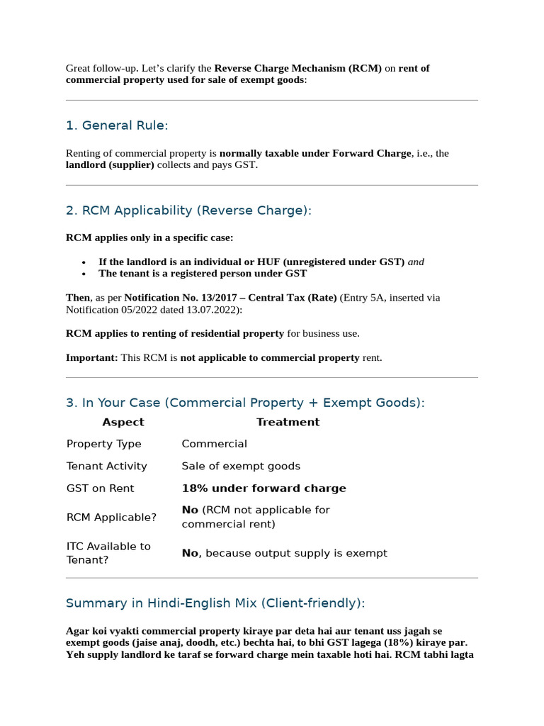 RCM on Commercial Rent Explained | PDF