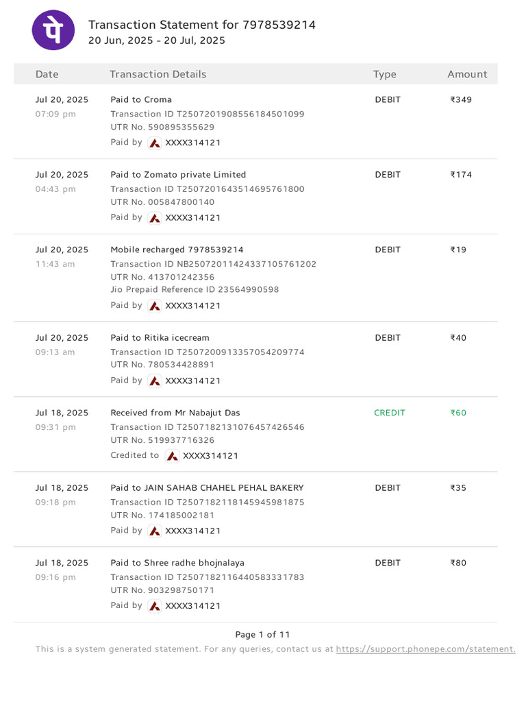 Transaction Statement for 7978539214 | PDF | Debit Card | Business
