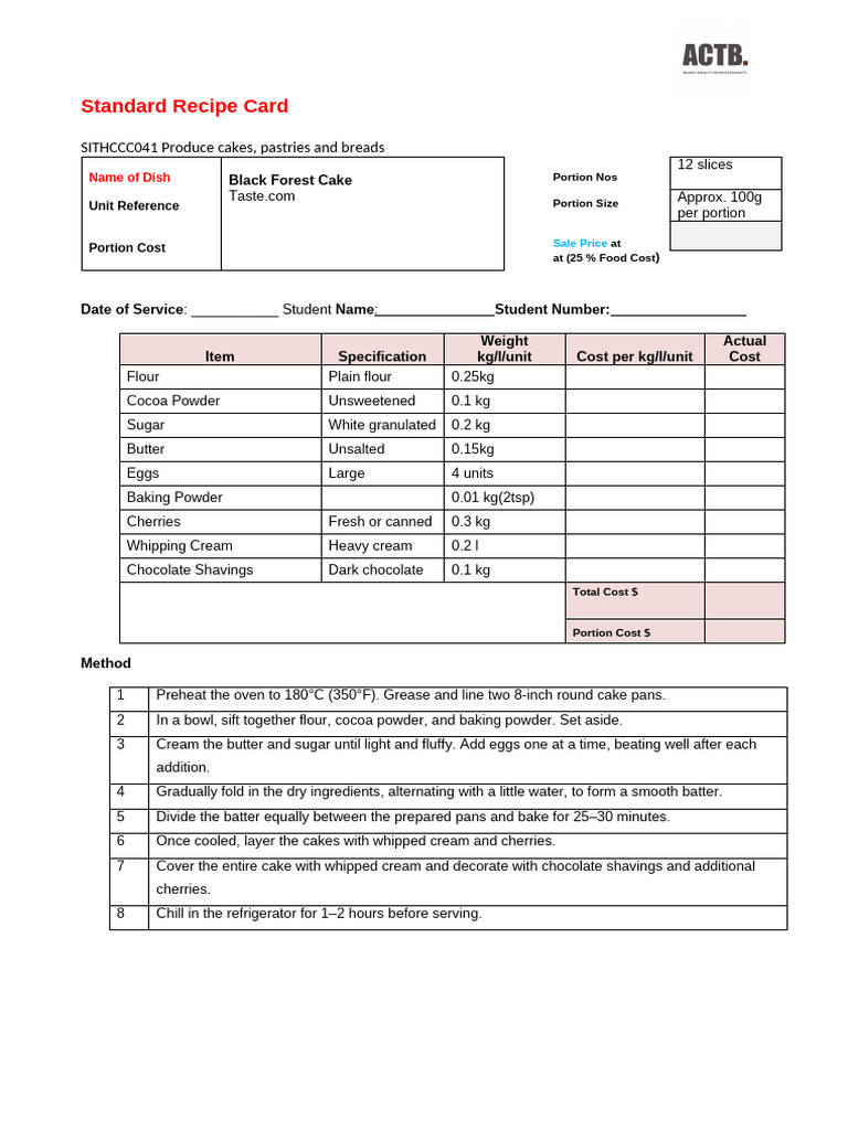 Standard Recipe Card Cake | PDF | Cakes | Baking
