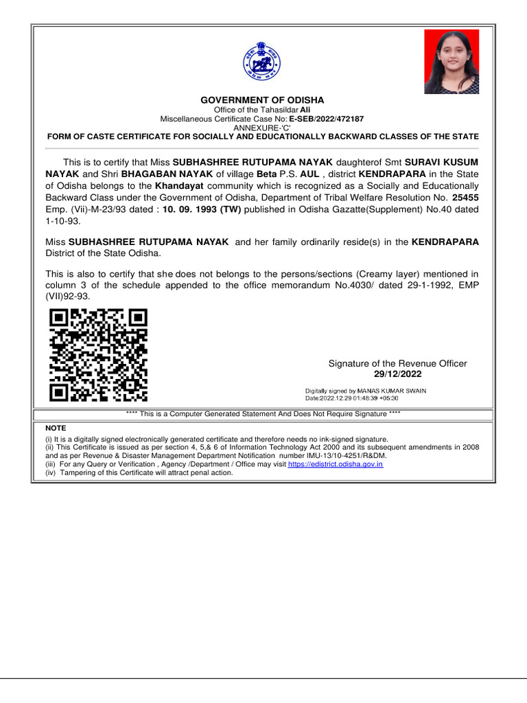 Khandayat Caste Certificate for Subhashree | PDF