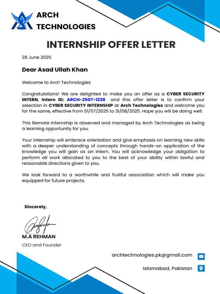 Cyber Security Internship Offer at Arch Technologies | PDF