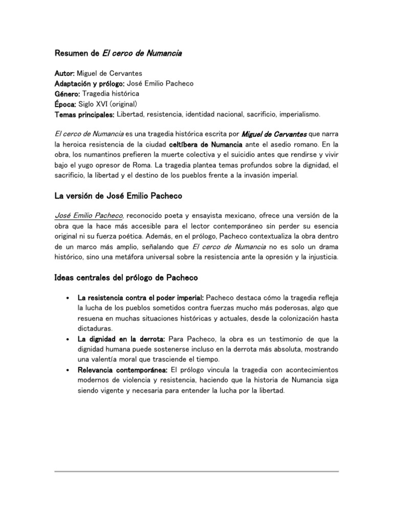 Resumen de El cerco de Numancia | PDF | Miguel De Cervantes | Tragedia