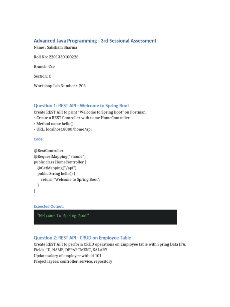 Advanced Java Spring Boot Assessment | PDF