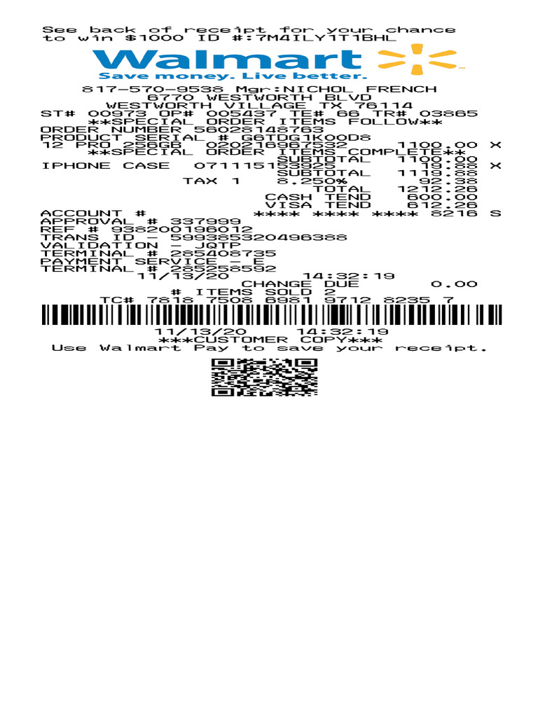 Walmart Receipt for Special Order Items | PDF