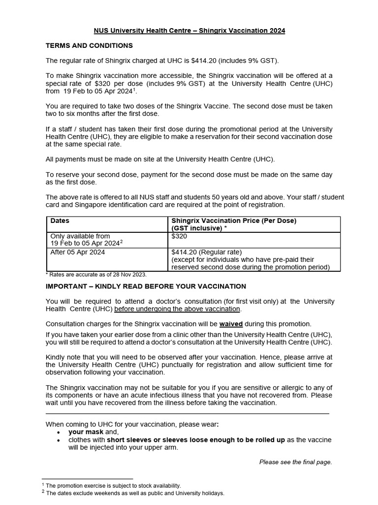 Shingrix Vaccination Pricing at NUS UHC | PDF | Public Health | Drugs