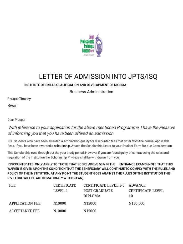 Admission Letter for JPTS/ISQ Program | PDF | University And College ...
