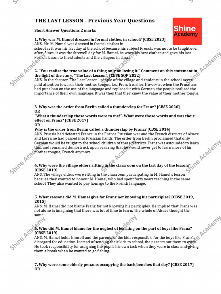 Last Lesson: Key Short Answer Insights | PDF