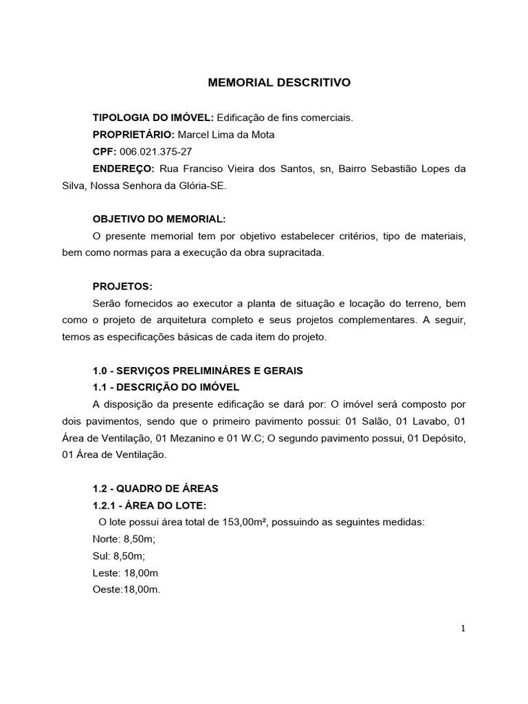 Memorial Descritivo de Edificação Comercial | PDF | Elementos ...